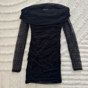 Boohoo off the shoulder polka dot mesh dress